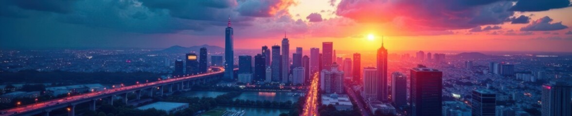 Fototapeta premium Blueprint style photo with architectural drawing overlay on a modern cityscape at sunset , sunset, urban landscape