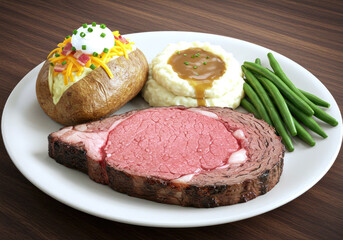 Deliciously plated prime rib with baked potato, mashed potatoes, green beans, and garnishes