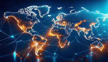 Obraz premium Abstract illustration of the world map with glowing lines and nodes representing global connections and networks. Dark blue background with bright golden and white lights. Digital art