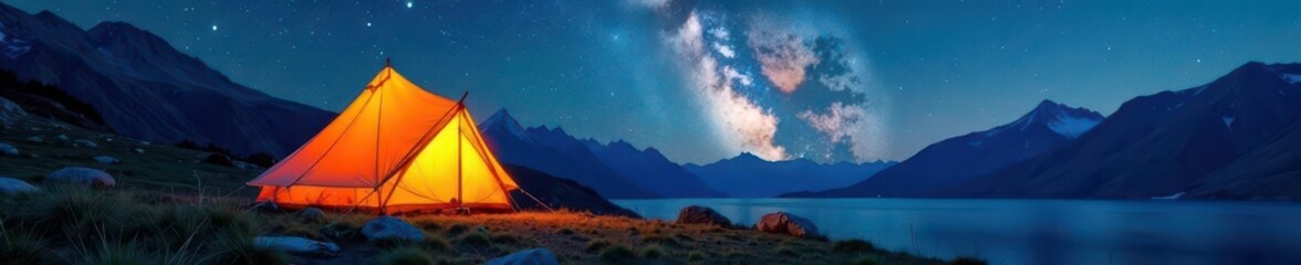Illuminated canvas tent beneath the Milky Way, Dolomites , peaceful, nature