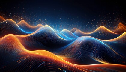 Obraz premium Abstract digital landscape with glowing particles forming undulating hills in shades of gold, blue, and dark, creating a futuristic and ethereal atmosphere