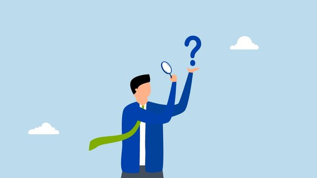 Problem analysis, 4k animation of businessman analyze question mark with magnifying glass.
