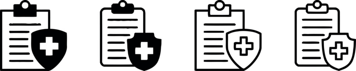 Fototapeta premium Minimalist Clipboard with Shield and Medical Cross Icons: Black and White Design for Healthcare, Safety, and Documentation Concepts
