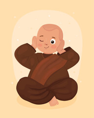 Cute little cartoon monk in meditation pose. Buddhist monk in brown clothes. Smiling monk covers his ears with his hands. Сard for Vesak day.