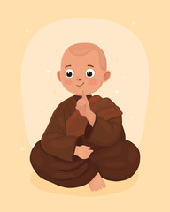 Cute little cartoon monk in meditation pose. Buddhist monk in brown clothes. Smiling monk raises his index finger up. Сard for Vesak day.