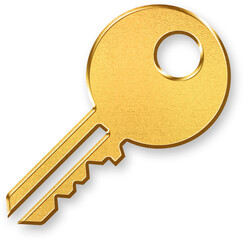 Gold Key Icon – 3D Glossy Golden Key Symbol with Metallic Shine and Shadowed Style for Access, Security, Password, Unlocking, and Authorization Design Concepts
