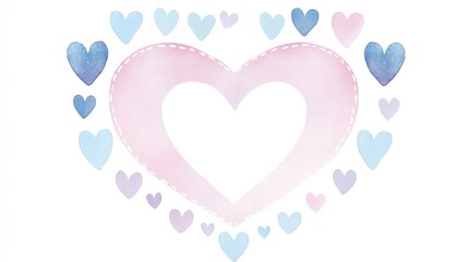 Charming watercolor heart design with pastel colors and various sizes of hearts, creating a soft and romantic atmosphere for creative projects and decorations