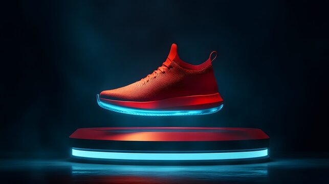 Floating red sneaker on glowing pedestal