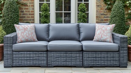 A large gray couch with three pillows on it