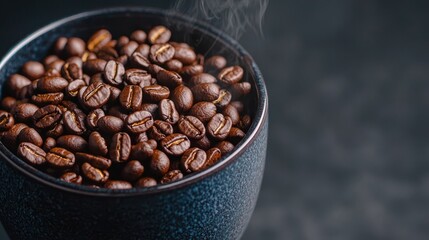 Fototapeta premium Freshly Roasted Coffee Beans in Dark Ceramic Cup with Steam Rising, Perfect for Beverage and Culinary Projects