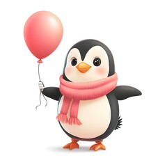 Fototapeta premium Happy cartoon penguin character standing on white background, holding bright balloon and wrapped in cozy scarf, perfect for winter themes, kids graphics, playful seasonal content.