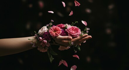 Delicate Bloom in Hand - A hand gently cradles a bouquet of pink and purple flowers, with falling petals adding a touch of magic