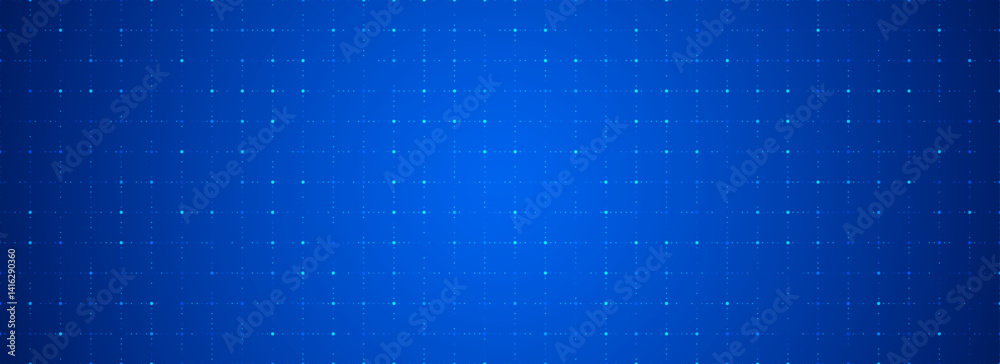 Poster Blue glowing dot grid background. Dotted tech square network backdrop. Abstract checkered dashboard pattern for science, technology, business, healthcare, medicine design template. Vector wallpaper