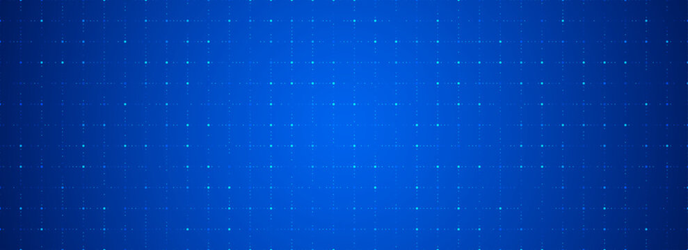 Blue glowing dot grid background. Dotted tech square network backdrop. Abstract checkered dashboard pattern for science, technology, business, healthcare, medicine design template. Vector wallpaper