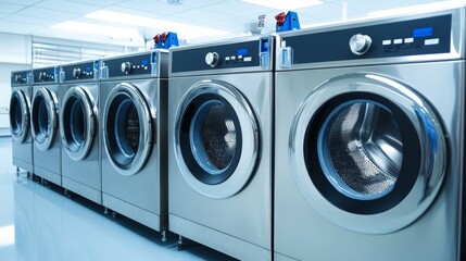 Modern commercial laundry facility: row of stainless steel washing machines in a clean bright environment for laundry services showcasing efficient industrial design