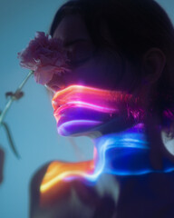 Artistic portrait of a sensual woman holding a pink flower, bathed in glowing neon light. Conceptual and dreamy promo shot perfect for beauty, lifestyle, or creative design ads. © Buyanskyy Production