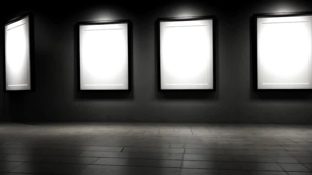 Empty art frames lit in dark gallery