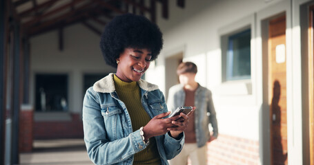 Phone, education and happy with girl at school for University application, news and communication...