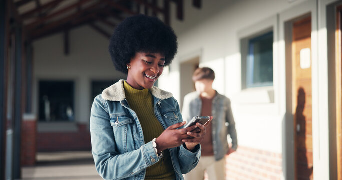 Phone, education and happy with girl at school for University application, news and communication app. College admissions, learning portal and future with student on campus for mobile and scholarship