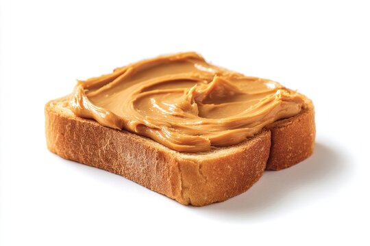 Delicious peanut butter on toast isolated on a white table perfect creamy texture and high resolution view of crunchy toast brown
