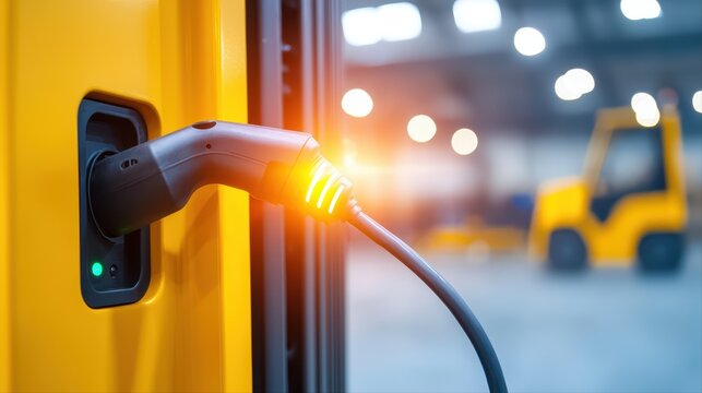 Electric forklift charging station in industrial warehouse setting
