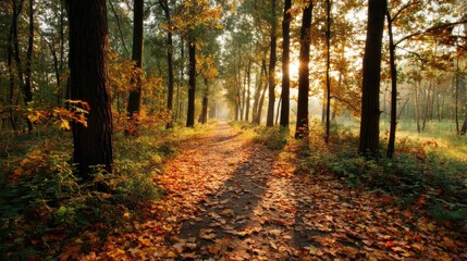Obraz premium Forest Path in Autumn with Golden Sunlight Filtering Through Trees Tranquil Scene Nature Photography