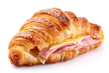 Golden croissant sandwich with ham and cheese on white background food photography delicious brunch classic breakfast angle