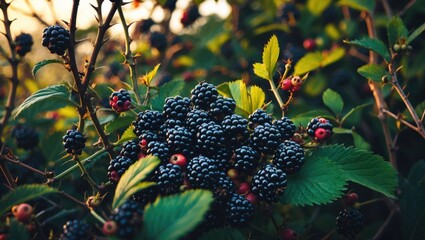 Blackberry bush with ripening fruit growing in the summer sunlight