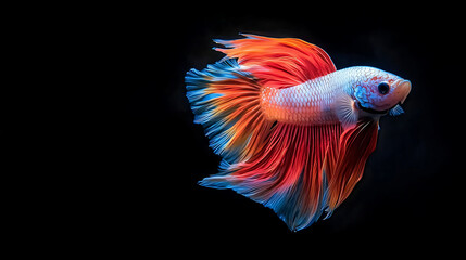 Fototapeta premium The moving moment beautiful siamese betta fish or dumbo betta splendens fighting fish in thailand on isolated black background. Thailand called Pla-kad or big ear fish. Colorful siamese fighting fish.