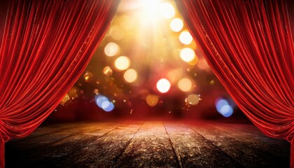 Sparkling golden bokeh lights shine through parted dark red velvet curtains on a glittering stage. The scene is dramatic and celebratory