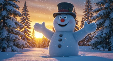 Obraz premium Frosty the Snowman in a Winter Wonderland Sunset
