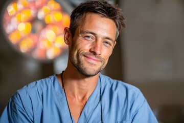 Surgeon smiling confidently in operating room professional environment close-up