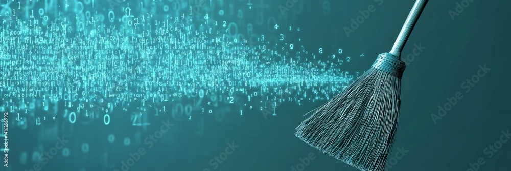 Poster Digital cleanup: broom sweeping binary code on blue background for data cleansing or database management minimalist visual 