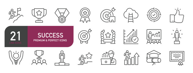 Set of line icons related to success, reward, achievement, goal. Outline icons collection. Editable stroke. Vector illustration