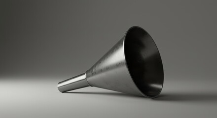 Metal Funnel on Gray Background - A single metallic funnel rests on a neutral gray surface, showcasing its simple yet functional design