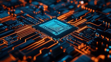 Close up view of a circuit board with glowing orange and blue pathways, a central processor chip with a soft blue glow, and a dark background. The image has a technological and futuristic feel