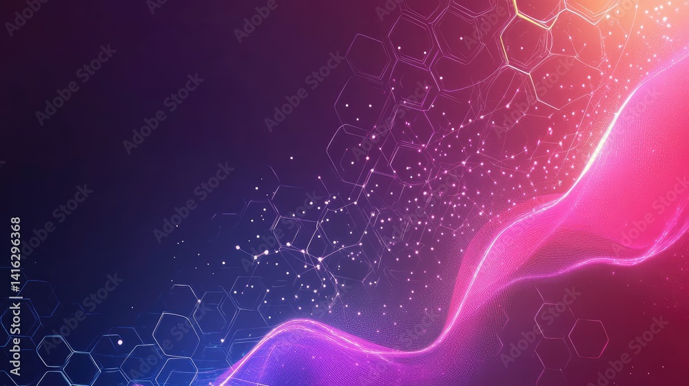 Poster abstract hexagon pattern with glowing lines and sparkling particles in vibrant colors, creating a dy