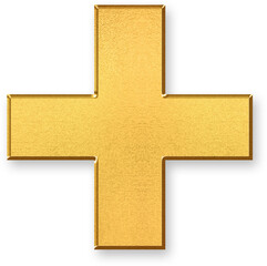 Fototapeta premium Gold Plus Sign Icon – 3D Glossy Golden “+” Symbol with Metallic Shine and Shadowed Style for Addition, Positive Value, Increases, List Expansion, and Mathematical or Interactive Elements
