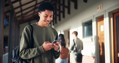 Phone, education and smile with boy at school for University application, news and communication app. College admissions, learning portal and future with student on campus for mobile and scholarship