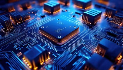 Fototapeta premium Close up view of a circuit board with glowing components, showcasing intricate pathways and a central processor. Dark blue and gold tones create a technological aesthetic. High detail rendering with