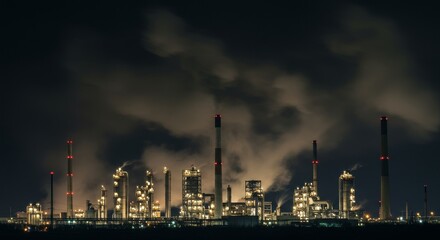 Night View of Industrial Complex - Illuminated industrial plant at night, emitting smoke into the dark sky. A dramatic scene of heavy industry