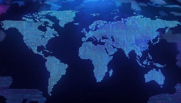 Abstract digital world map glowing with blue and purple light, pixelated and textured dark background, technology concept