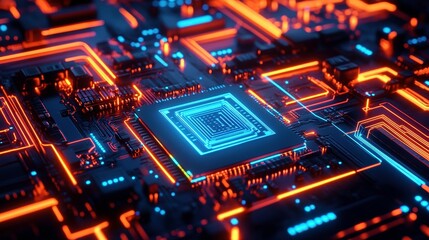 Obraz premium Close up view of a circuit board with glowing orange and blue lines, highlighting a central processor unit. The image is digitally rendered and focuses on the intricate details of the technology