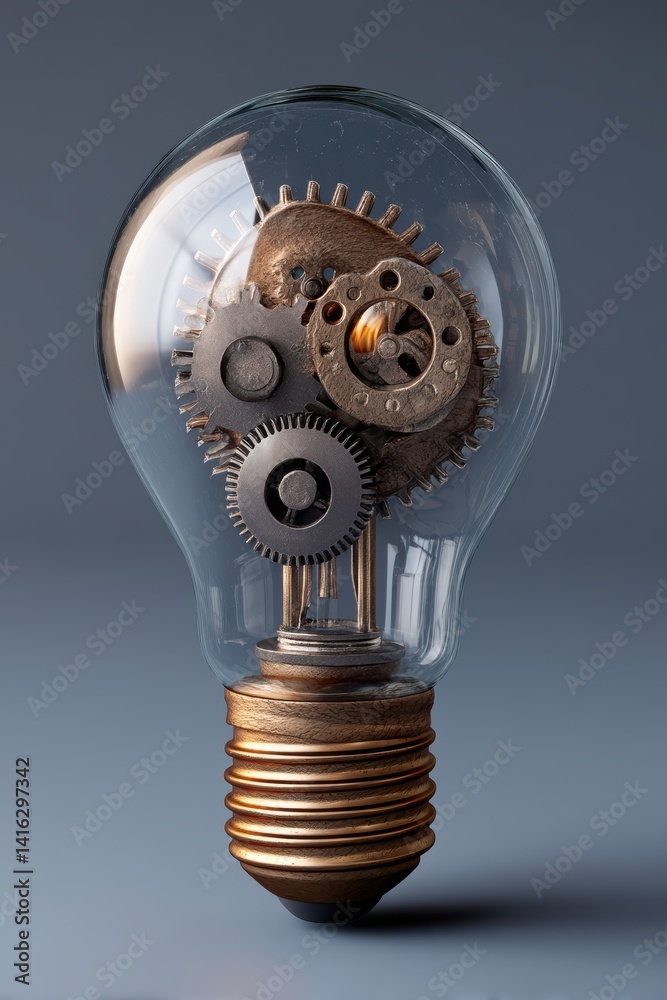 Poster Concept of innovative mechanical solution featuring lightbulb gears creative inspiration idea solution