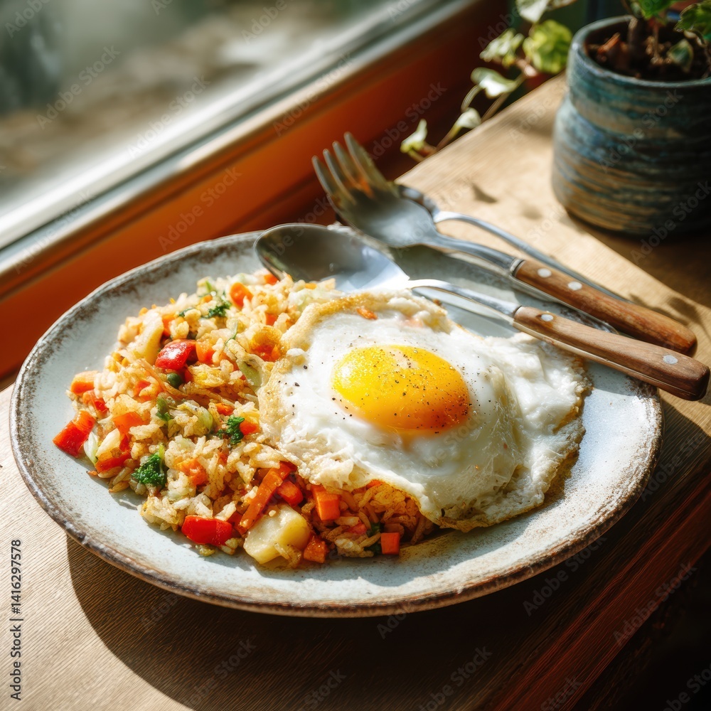 Poster delicious fried rice served with egg on a rustic plate beside the window in bright light studio setu