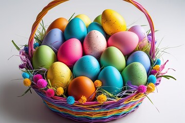 Colorful Easter Basket Filled with Vibrant Eggs on a White Background