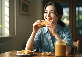 Young woman enjoying peanut butter toast at a sunlit kitchen table with a cozy atmosphere