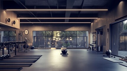 contemporary gym design, strength training setup, wall-mounted equipment, fitness center interior, training zones layout, exercise machines composition, weight room essentials, monochromatic color