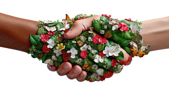 Eco-Harmony: An allegorical handshake, symbolizing a pact between humanity and nature. Envision the union of hands entwined with flourishing blooms, emphasizing unity, compassion.