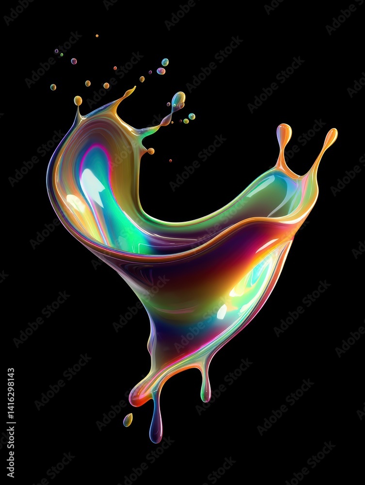 Poster Iridescent Liquid Splash Capturing Dynamic Motion Highlighting Vibrant Colors on a Black Background Artistic Visual
